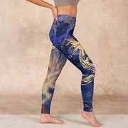 Buddha Stones Blue Koi Fish Auspicious Clouds Print Gym Leggings Women's Yoga Pants