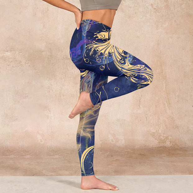 Buddha Stones Blue Koi Fish Auspicious Clouds Print Gym Leggings Women's Yoga Pants