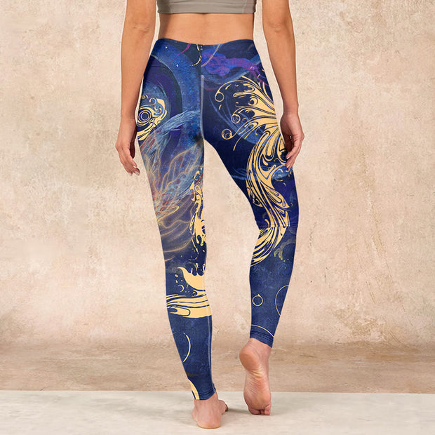Buddha Stones Blue Koi Fish Auspicious Clouds Print Gym Leggings Women's Yoga Pants - image 15