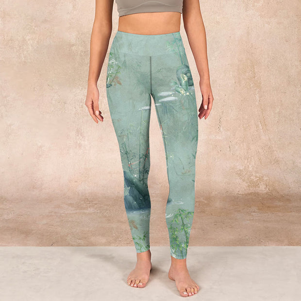 Buddha Stones Green Bamboo Rocks Print Sports Fitness Leggings Women's Yoga Pants Leggings BS 1