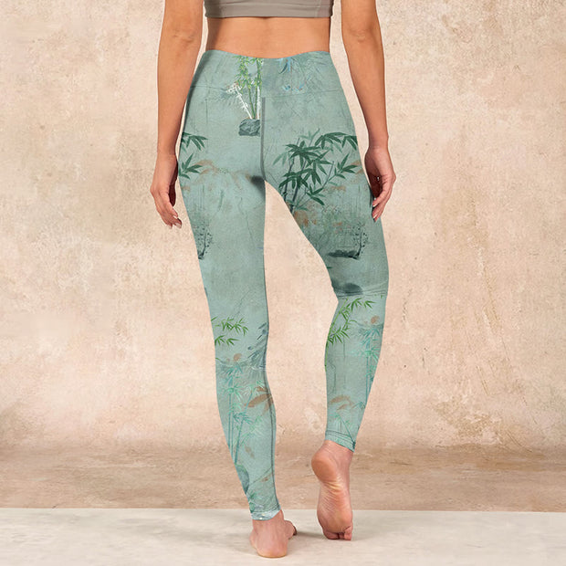 Buddha Stones Green Bamboo Rocks Print Sports Fitness Leggings Women's Yoga Pants Leggings BS 15