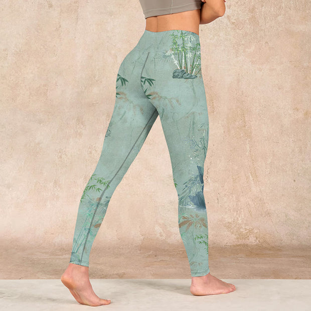 Buddha Stones Green Bamboo Rocks Print Sports Fitness Leggings Women's Yoga Pants Leggings BS 4