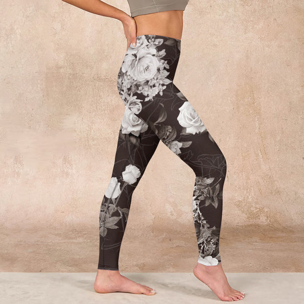 Buddha Stones Gray White Rose Print Gym Fitness Leggings Women's Yoga Pants - image 17