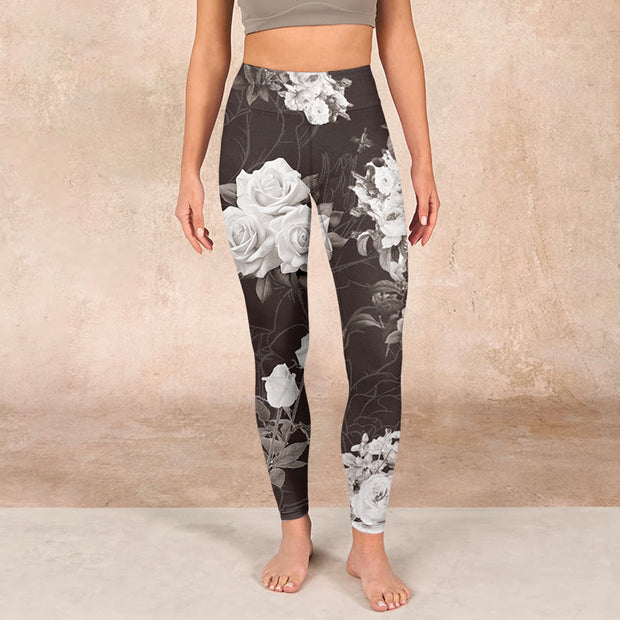 Buddha Stones Gray White Rose Print Gym Fitness Leggings Women's Yoga Pants - image 2
