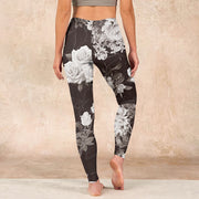 Buddha Stones Gray White Rose Print Gym Fitness Leggings Women's Yoga Pants