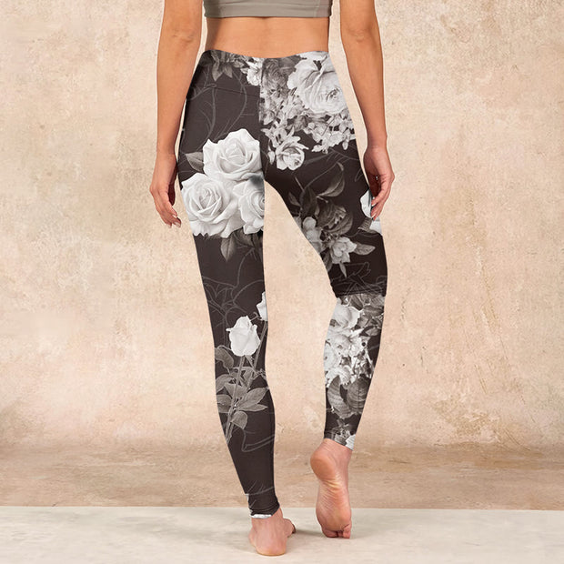 Buddha Stones Gray White Rose Print Gym Fitness Leggings Women's Yoga Pants Leggings BS 15