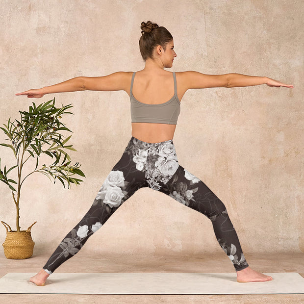 Buddha Stones Gray White Rose Print Gym Fitness Leggings Women's Yoga Pants