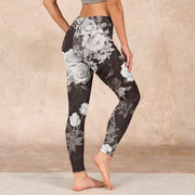 Buddha Stones Gray White Rose Print Gym Fitness Leggings Women's Yoga Pants