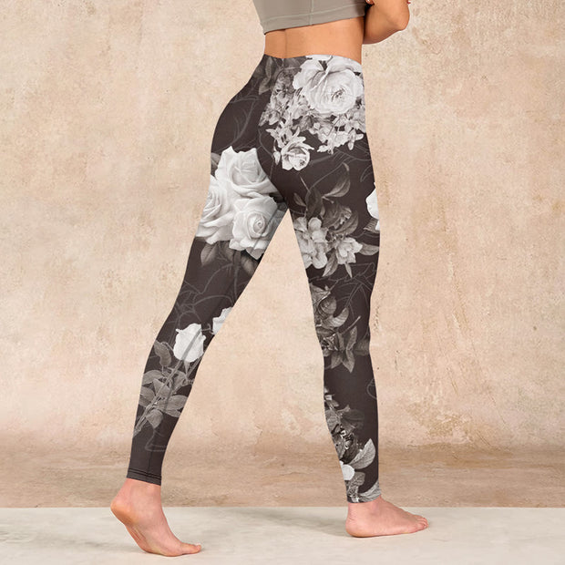 Buddha Stones Gray White Rose Print Gym Fitness Leggings Women's Yoga Pants