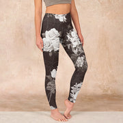 Buddha Stones Gray White Rose Print Gym Fitness Leggings Women's Yoga Pants