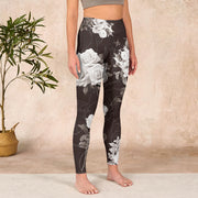 Buddha Stones Gray White Rose Print Gym Fitness Leggings Women's Yoga Pants