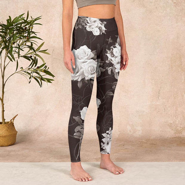 Buddha Stones Gray White Rose Print Gym Fitness Leggings Women's Yoga Pants - image 4