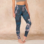 Buddha Stones SteelBlue Silver Flowers Print Exercise Leggings Women's Yoga Pants Leggings BS SteelBlue US18，UK/AU22，EU50 (4XL)