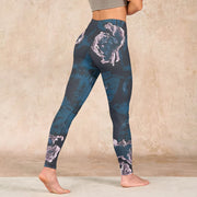 Buddha Stones SteelBlue Silver Flowers Print Exercise Leggings Women's Yoga Pants