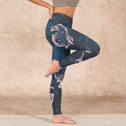 Buddha Stones SteelBlue Silver Flowers Print Exercise Leggings Women's Yoga Pants Leggings BS 16