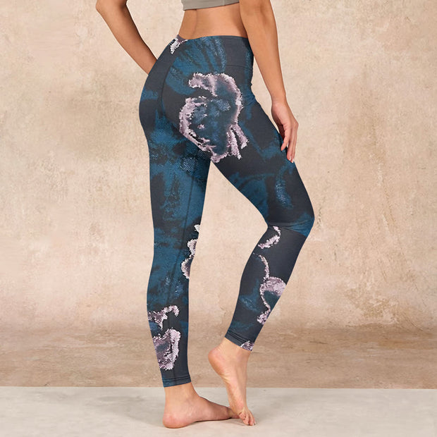 Buddha Stones SteelBlue Silver Flowers Print Exercise Leggings Women's Yoga Pants Leggings BS 2