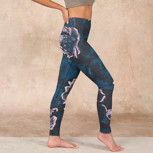 Buddha Stones SteelBlue Silver Flowers Print Exercise Leggings Women's Yoga Pants - image 17