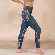 Buddha Stones SteelBlue Silver Flowers Print Exercise Leggings Women's Yoga Pants