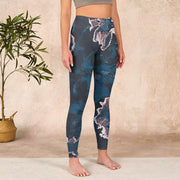 Buddha Stones SteelBlue Silver Flowers Print Exercise Leggings Women's Yoga Pants