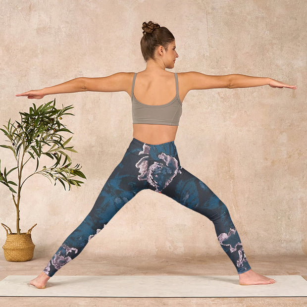 Buddha Stones SteelBlue Silver Flowers Print Exercise Leggings Women's Yoga Pants - image 11