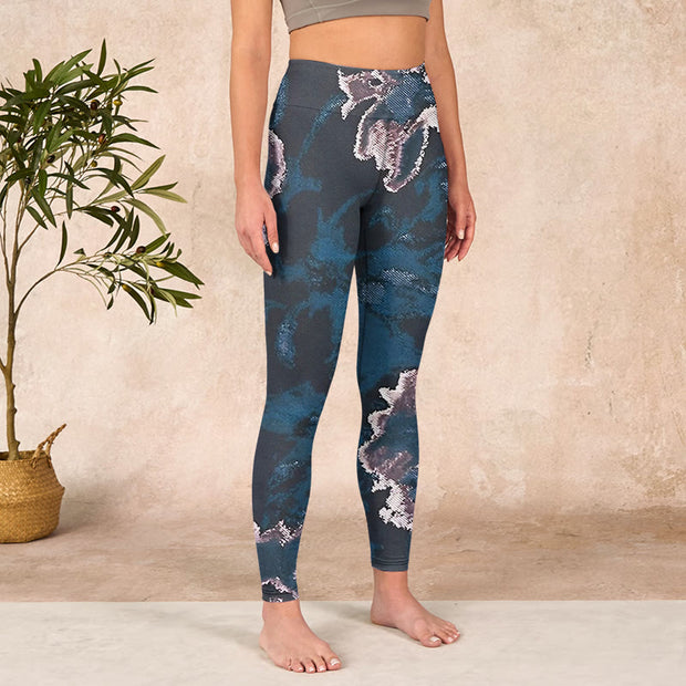 Buddha Stones SteelBlue Silver Flowers Print Exercise Leggings Women's Yoga Pants Leggings BS 3