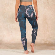 Buddha Stones SteelBlue Silver Flowers Print Exercise Leggings Women's Yoga Pants