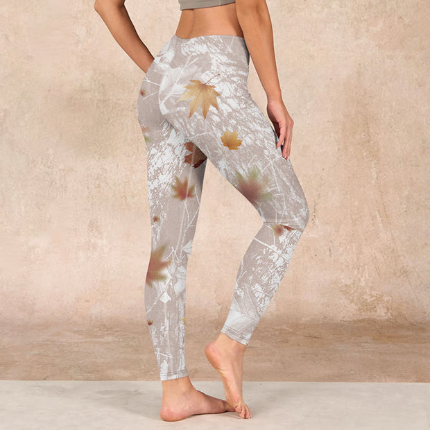 Buddha Stones Maple Leaves Branches Print Gym Leggings Women's Yoga Pants