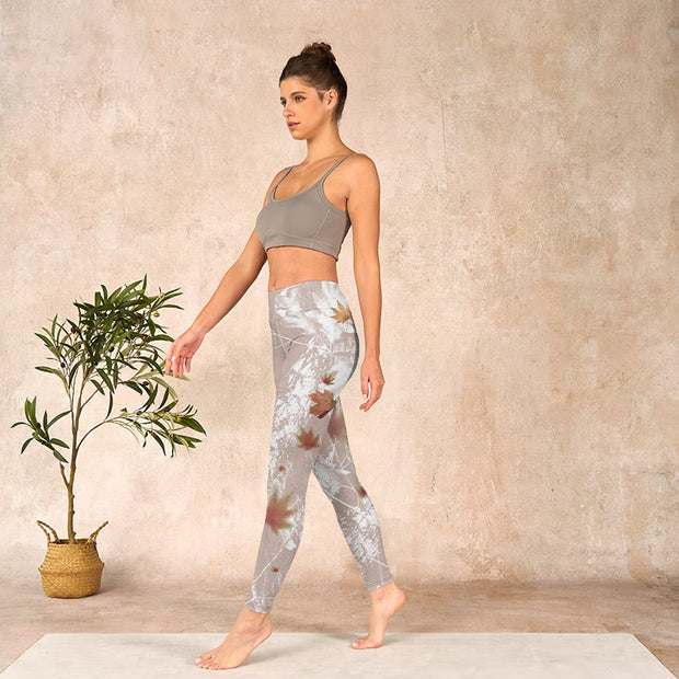 Buddha Stones Maple Leaves Branches Print Gym Leggings Women's Yoga Pants