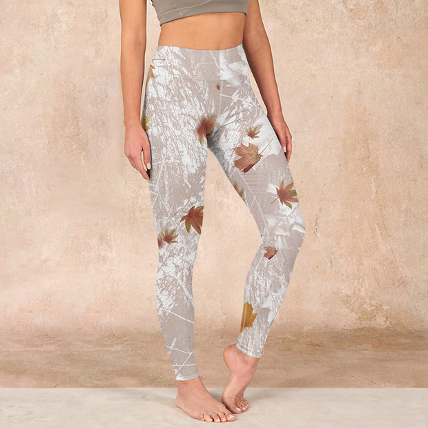 Buddha Stones Maple Leaves Branches Print Gym Leggings Women's Yoga Pants - Wheat - US18，UK/AU22，EU50 (4XL) - image 1