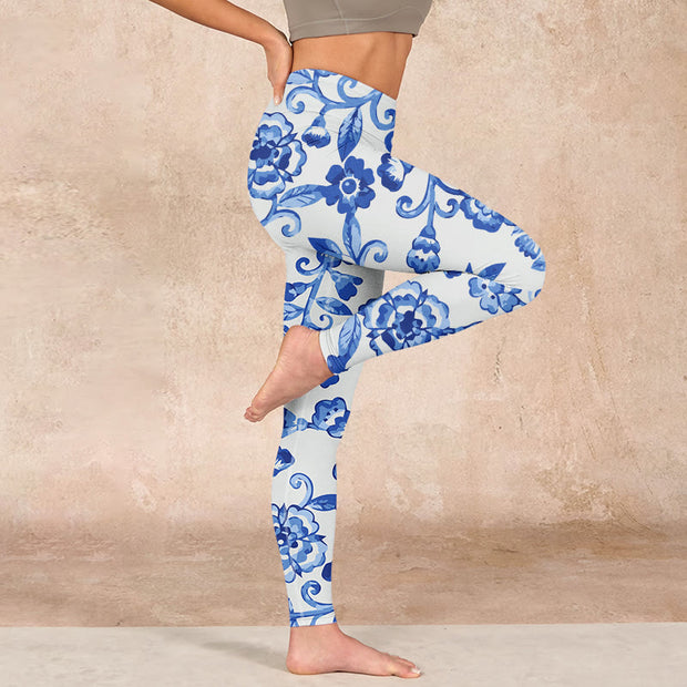 Buddha Stones Blue Flowers Leaves Branches Print Gym Leggings Women's Yoga Pants Leggings BS 16