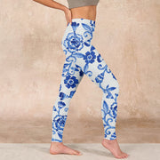 Buddha Stones Blue Flowers Leaves Branches Print Gym Leggings Women's Yoga Pants