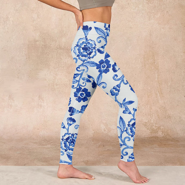 Buddha Stones Blue Flowers Leaves Branches Print Gym Leggings Women's Yoga Pants