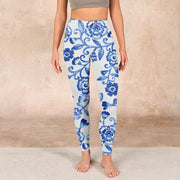 Buddha Stones Blue Flowers Leaves Branches Print Gym Leggings Women's Yoga Pants