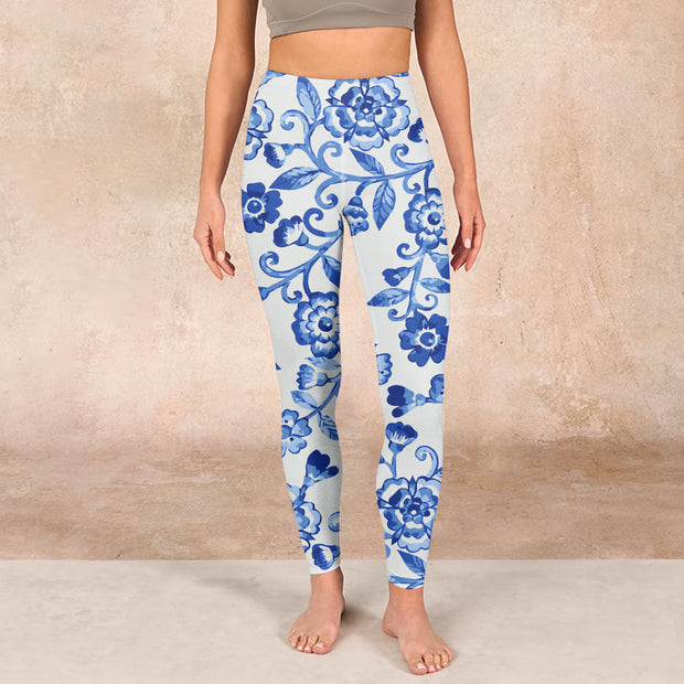 Buddha Stones Blue Flowers Leaves Branches Print Gym Leggings Women's Yoga Pants Leggings BS 1