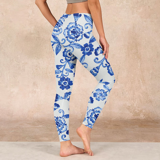 Buddha Stones Blue Flowers Leaves Branches Print Gym Leggings Women's Yoga Pants Leggings BS 2