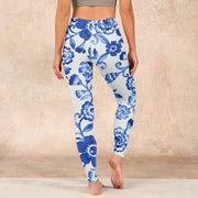 Buddha Stones Blue Flowers Leaves Branches Print Gym Leggings Women's Yoga Pants Leggings BS 15