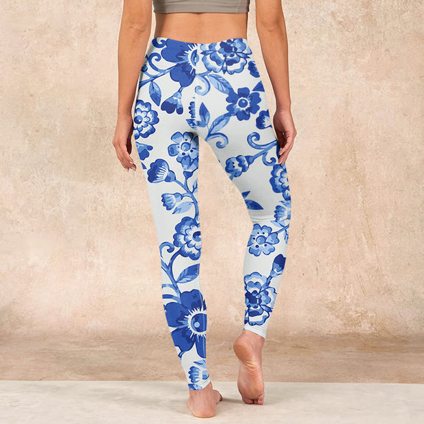 Buddha Stones Blue Flowers Leaves Branches Print Gym Leggings Women's Yoga Pants