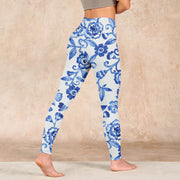 Buddha Stones Blue Flowers Leaves Branches Print Gym Leggings Women's Yoga Pants