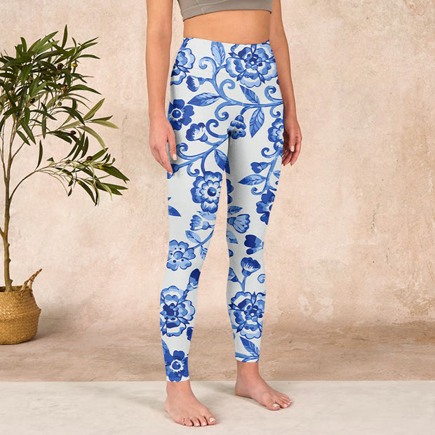 Buddha Stones Blue Flowers Leaves Branches Print Gym Leggings Women's Yoga Pants - image 4