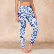 Buddha Stones Blue Flowers Leaves Branches Print Gym Leggings Women's Yoga Pants