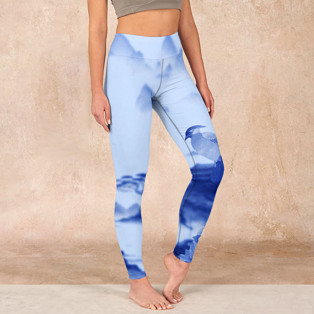 Buddha Stones Blue Bird Peony Print Sports Leggings Women's Yoga Pants