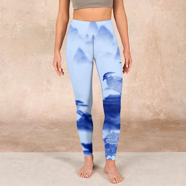 Buddha Stones Blue Bird Peony Print Sports Leggings Women's Yoga Pants - image 3