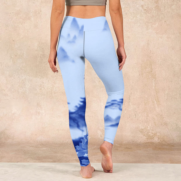 Buddha Stones Blue Bird Peony Print Sports Leggings Women's Yoga Pants Leggings BS 15