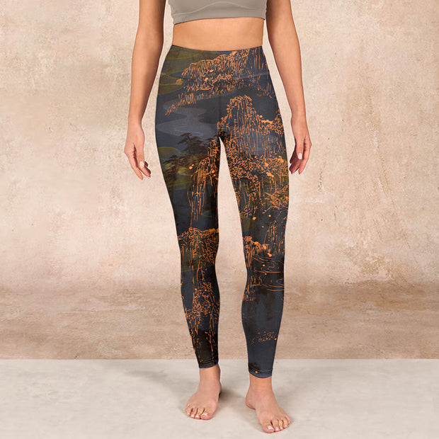Buddha Stones Golden Mountains Clouds Print Gym Leggings Women's Yoga Pants - image 2