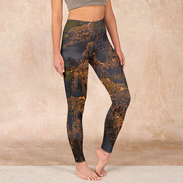 Buddha Stones Golden Mountains Clouds Print Gym Leggings Women's Yoga Pants - SaddleBrown - US18，UK/AU22，EU50 (4XL) - image 1