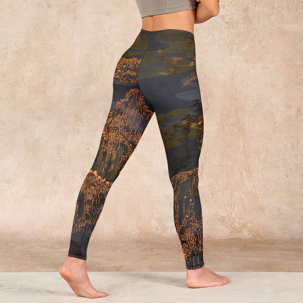 Buddha Stones Golden Mountains Clouds Print Gym Leggings Women's Yoga Pants