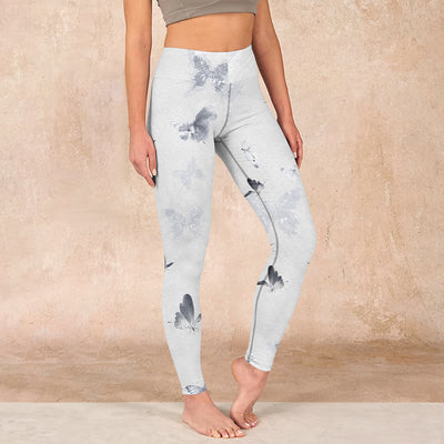 Buddha Stones White Gray Butterfly Print Sports Leggings Women's Yoga Pants