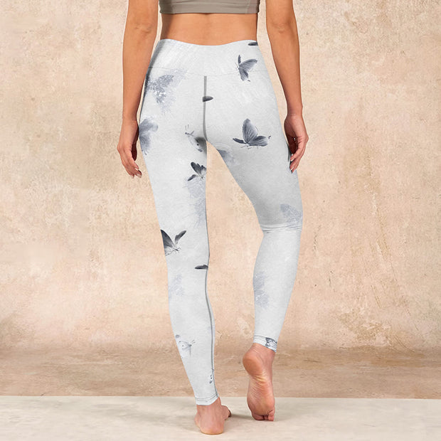 Buddha Stones White Gray Butterfly Print Sports Leggings Women's Yoga Pants Leggings BS 15