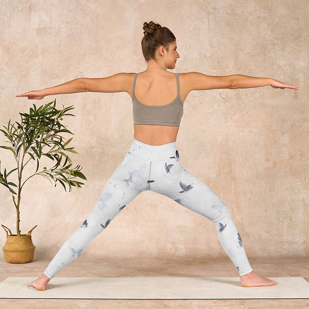 Buddha Stones White Gray Butterfly Print Sports Leggings Women's Yoga Pants Leggings BS 11