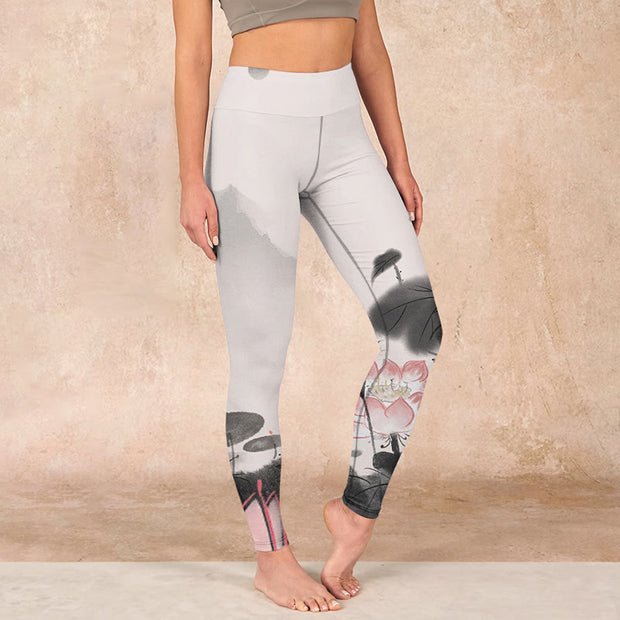 Buddha Stones Ink Painting Lotus Flower Leaf Print Gym Fitness Leggings Women's Yoga Pants Leggings BS WhiteSmoke US18，UK/AU22，EU50 (4XL)